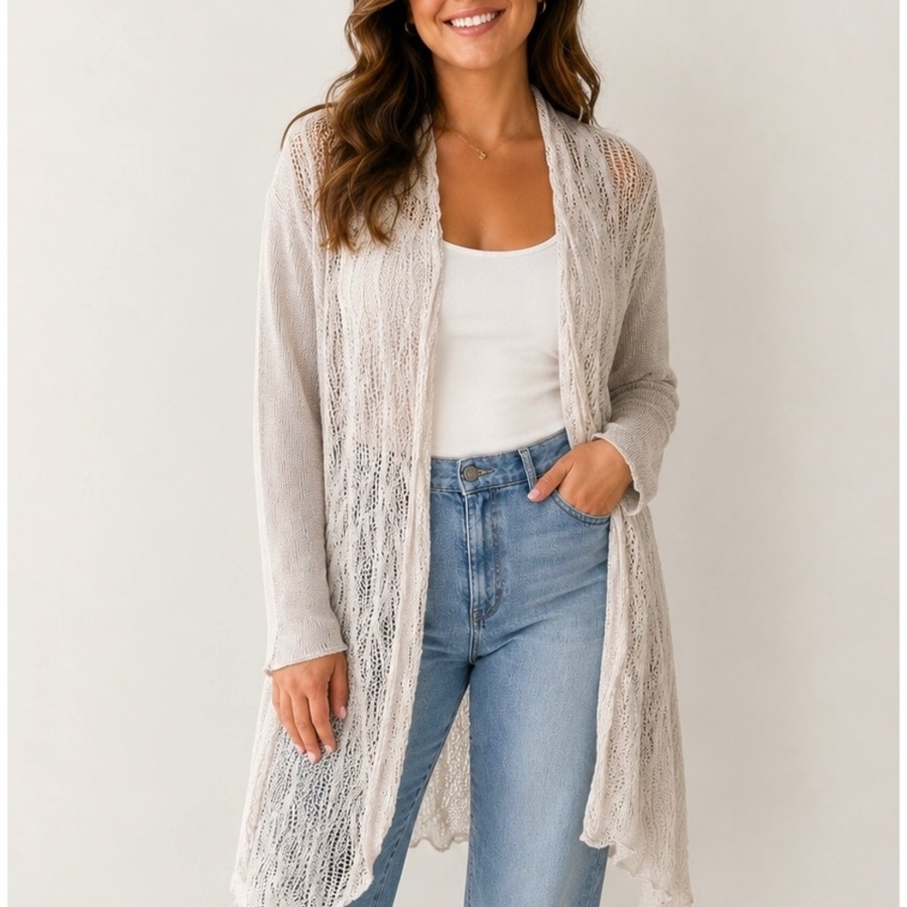 Eileen Fisher Duster Open Front Longline Linen Beige Cream XL